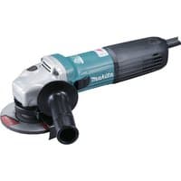 Makita GA4540C 115mm angle grinder, teal and black body, side handle, red disc, and vented motor housing.