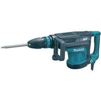 Makita HM1213C demolition hammer, teal and black, with SDS-MAX bit, side handle, and 110V power cord.