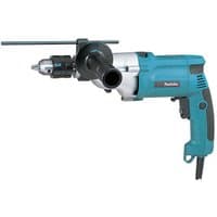 Blue Makita percussion drill with black handle, 13mm chuck, and two-speed settings, corded 110V design.