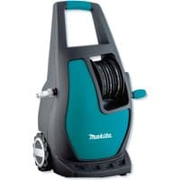 Makita HW111 pressure washer, teal and black, with hose reel, handle, and wheels for portability.