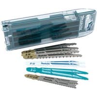 Makita jigsaw blade set, 10 pieces, with various blade types in a clear plastic case, featuring blue and silver blades.