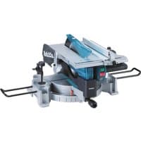 Makita LH1201FL/2 305mm table/mitre saw, silver and teal with adjustable fence and dual handles.