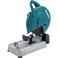 Makita LW1400 portable cut off saw with teal blade guard, silver base, and ergonomic handle.