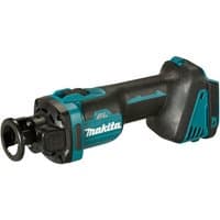 Makita LXT DCO181Z drywall cutter, black and teal, cordless, ergonomic grip, compatible with 1/8" and 1/4" bits.