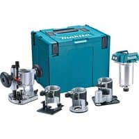 Makita LXT 18V router/trimmer set with blue case, silver motor unit, and multiple base attachments.