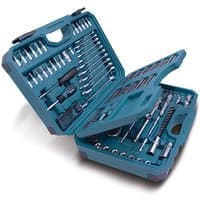 Makita mechanics tool set with 221 tools in a teal hard case, featuring sockets, wrenches, and screwdriver bits.