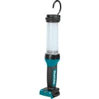 Makita ML104 12V CXT Worklight, cylindrical LED lamp, teal and black handle, with hanging hook, bare unit.