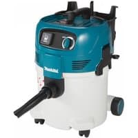 Blue and white Makita wet and dry vacuum with black hose, wheels, and control dial on top.