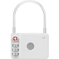 White Maplin MiLi MiLock combination padlock with item locator, featuring a circular button and three-digit dials.