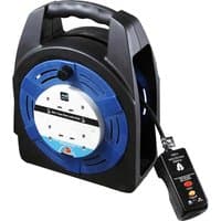Black and blue Masterplug 4 socket RCD cable extension reel with thermal cut out and carry handle.