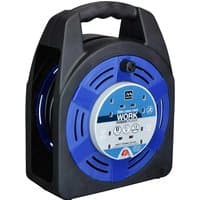 Black and blue Masterplug 4 socket extension reel with thermal cut out, sturdy handle, and 240v capacity.
