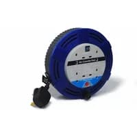 Blue and gray Masterplug 8M cassette cable reel with four sockets and black plug, 13A rating.