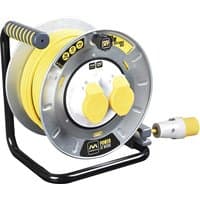 Metal cable reel with yellow cable, dual sockets, and black handle by Masterplug Pro XT, 110 Volt.