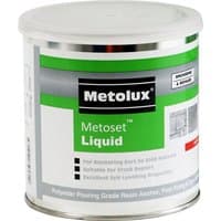 "Grey Metolux 2 Part Metoset Liquid Mortar in a 5kg can with green and black label by TIMCO"