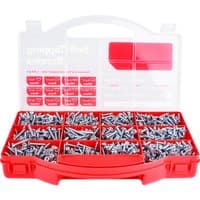 Red plastic tray with assorted zinc self-tapping screws, PZ head, 1305 pieces, organized in compartments.