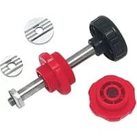 Red and black Monument 450P D.I.Y tap reseating tool with metal shaft and interchangeable grinding discs.