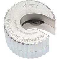 "Silver Monument Pipe Cutter 15mm Autocut with a circular design and engraved logo on the side"