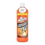 Orange Mr Muscle Drain Unblocker bottle, 1L, with blue and white label, featuring pipe graphic and clog dissolving claim.