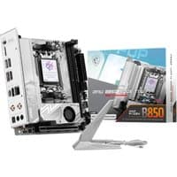 MSI B850I EDGE TI WIFI mini ITX motherboard, silver heatsinks, AM5 socket, with packaging and antenna.