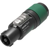 Black Neutrik 4 pole speakON connector with green grip, screw terminal assembly, and silver latch for 10-16 mm cables.