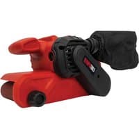 Red and black Olympia BS900 belt sander with dust bag and ergonomic handle.