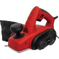 Red Olympia PL650 Planer with ergonomic handle, black dust bag, and adjustable front knob.