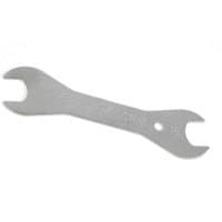 Double-ended silver cone wrench with 17mm and 18mm open ends, slim design, and embossed Park Tool logo.