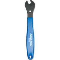 Blue-handled Park Tool PW-5 pedal wrench with black steel head and hole for hanging.