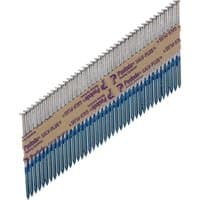 Paslode IM360CI Galvanised+ ring shank collated nails with blue tips and brown paper strip.