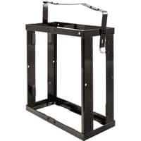 Black metal Jerry can mounting bracket with rectangular frame and adjustable strap.