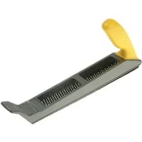 Metal Stanley Surform planer with yellow handle, perforated grater-like surface, and angled front edge.