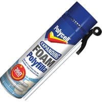 Polycell Expand Foam Filler can with blue cap, red nozzle, and 360-degree application label.