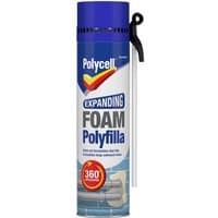 Blue and white Polycell Expanding Foam Polyfilla can with red and yellow logo, black nozzle, and 360-degree application.