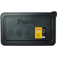 Black Purdy Dual Roll Off Bucket Lid with embossed logo, three icons, and yellow label on the right side.