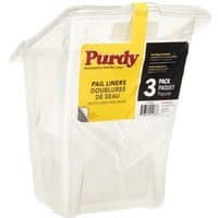 Clear Purdy paint pail liners, 3 pack, with yellow label and black text, designed for easy paint cleanup.