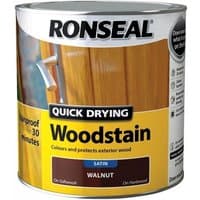 Ronseal Quick Drying Woodstain Satin Walnut 250ml can with yellow label and wood texture graphic.