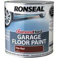 Ronseal Diamond Hard Garage Floor Paint, Tile Red, 2.5L can with car image and durability claims on label.
