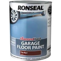 Ronseal Diamond Hard garage floor paint can, tile red color, 5-litre size, with car image on label.