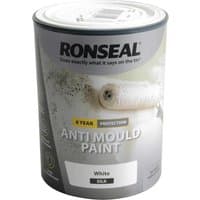 Ronseal Anti Mould Paint can, white silk finish, 6-year protection label, with paint roller image.