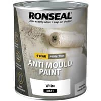 Ronseal Anti Mould Paint can, white matte finish, 6-year protection label, roller image on front.