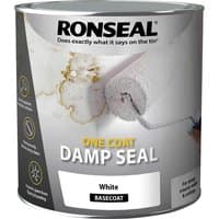 Ronseal One Coat Damp Seal can with white basecoat label, featuring a roller applying white sealant.