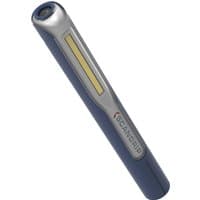 Black and silver SCANGRIP penlight with LED strip, cylindrical design, and SCANGRIP logo on the side.