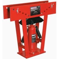 Red Sealey 16 Tonne Hydraulic Pipe Bender with dual handles and black pipe supports.