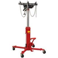 Red Sealey telescopic transmission jack with chains, adjustable saddle, and four caster wheels.