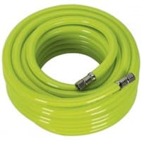High-visibility lime green air hose, 15m long, 10mm diameter, with silver 1/4in BSP unions.