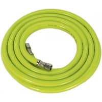 Bright yellow Sealey air hose, 5m x Ø8mm, coiled with silver 1/4in BSP unions.