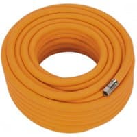 Orange Sealey air hose 20m x Ø10mm, hybrid high-visibility, coiled with 1/4in BSP unions.