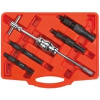 Red case with Sealey AK714 5 piece Blind Bearing Puller Set, featuring black and silver puller tools.
