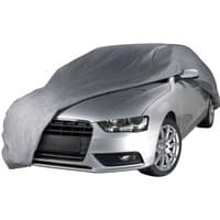 Grey Sealey car cover, 3-layer, large size, draped over a silver sedan, covering roof and sides.