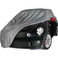 Grey Sealey 3-layer car cover partially covering a small black car with red mirrors and stripes.